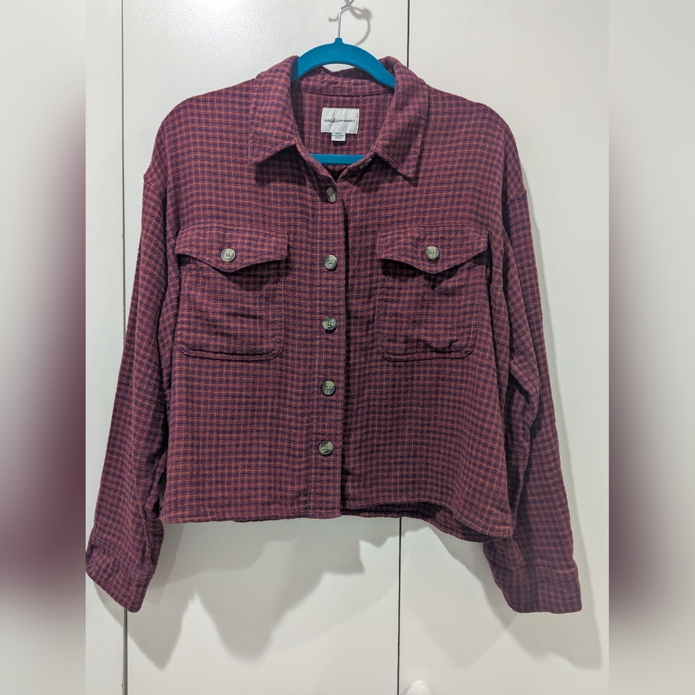 American Eagle Flannel Cropped Plaid Button-Up